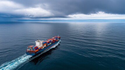 Obraz premium Cargo ship on open sea under cloudy sky