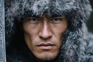 Asian man in fur hat holding sword, cinematic warrior character for fantasy or history concept