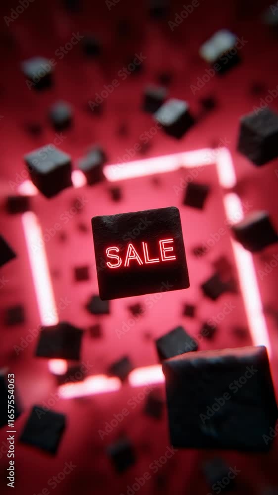Poster dynamic sale promotion with floating blocks and glowing neon accents in a digital environment