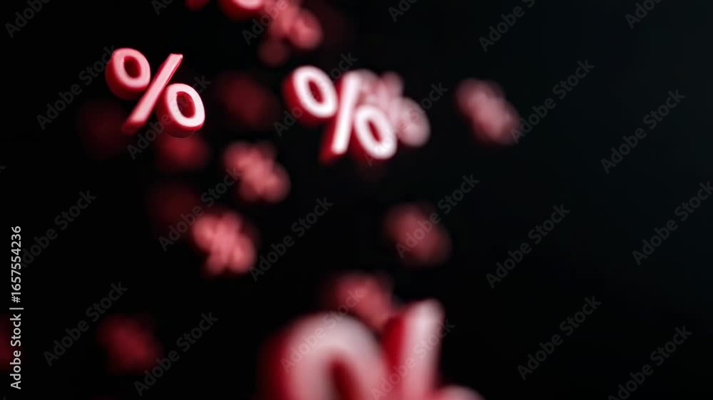 Poster visual representation of discounts and sales in a dark background with red percentages floating and 