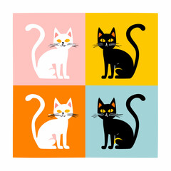 Four Minimalist Cat Silhouettes in a Grid Layout, Each with a Stylized Curved Tail and Simple, Modern Design