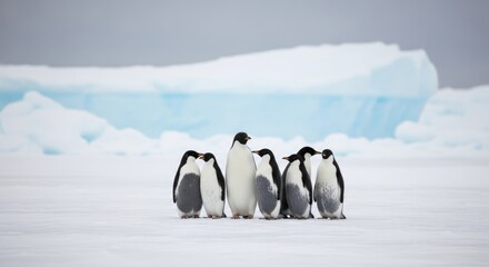 Obraz premium A charming group of penguins huddled together icy expanse of antarctica, capturing essence of wildlife in a cold and pristine environment