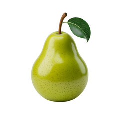 Green pear with leaf and stem on transparent background, single fruit isolated