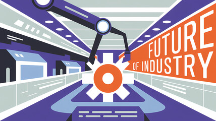 Brave and Bold Geometric Illustration of an Automated Robotic Arm in a Futuristic Factory, Symbolizing Industry 4.0 and Modern Manufacturing
