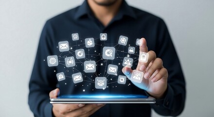 Digital Transformation: Man Interacting with a Network of Connected Digital Icons on a Tablet, Representing  Modern Technology, Business, and Global Communication Concepts.