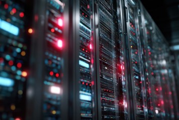 Fototapeta premium Data Center with Server Racks and Network Equipment Emitting Multicolored Lights in a High-Tech Environment