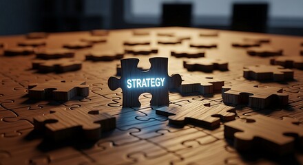 Strategic Planning Concept: Illuminated Puzzle Piece with "Strategy" Word on Wooden Jigsaw Background, Representing Business Solutions and Problem-Solving Approach for Success.