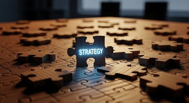 Strategic Planning Concept: Illuminated Puzzle Piece with "Strategy" Word on Wooden Jigsaw Background, Representing Business Solutions and Problem-Solving Approach for Success.