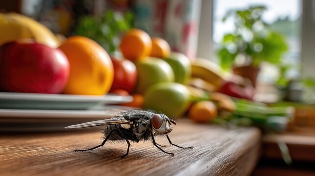 A common housefly resting on a kitchen table cluttered with everyday items