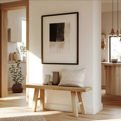 A small wooden bench with framed blackandwhite art on the wall above it a modern farmhousestyle home decor a cozy kitchen in the background a bohochic style interi