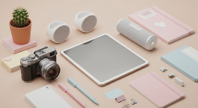 Still life of electronics and stationery items laid out against a light beige background