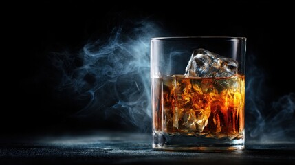 Close-up of a glass of whiskey with ice cubes and splash effect on a dark reflective