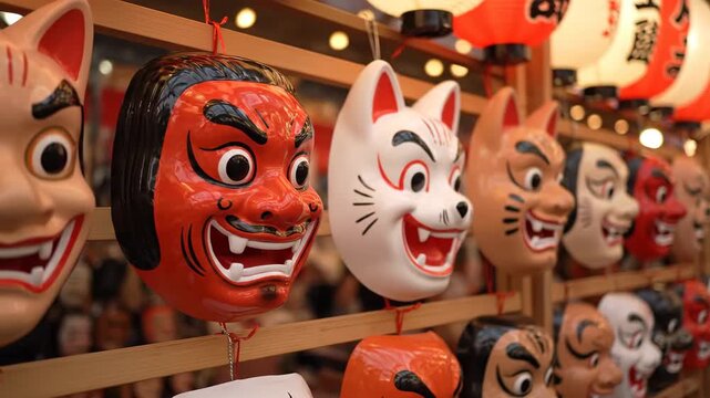 Traditional Japanese Fox and Tengu Masks Displayed at Festival Stall