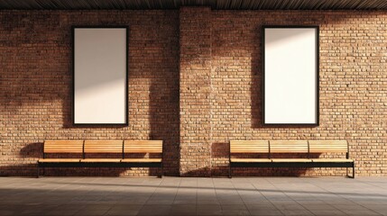 Minimalist Urban Brick Wall Scene with Two Large Blank Windows and Benches.