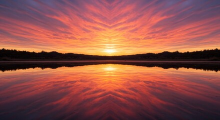 Fototapeta premium Symmetrical view of orange sunset sky and water reflected