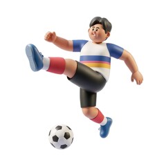 Fototapeta premium サッカー少年がボールを蹴る様子 白背景にカラフルなスポーツウェア姿の3Dイラスト
