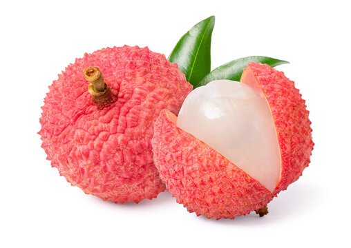 Fresh Lychee with cut in half slice isolated on white background.	