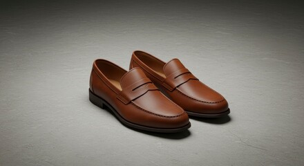 Two brown leather loafers are presented on a textured light gray surface