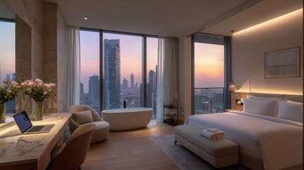 Luxury Hotel Room with City View at Sunset