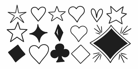 Illustration of star heart diamond and club shapes in black and white in a doodle style drawing style on transparent background