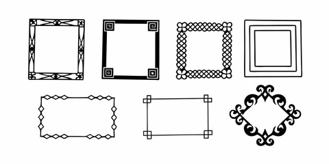 Illustration of seven different decorative frames in various shapes and styles on a white background on transparent background