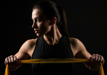 Woman in black sports bra holding yellow resistance band with dramatic profile lighting. Functional training and elastic workout for home fitness equipment promotions and online coaching services