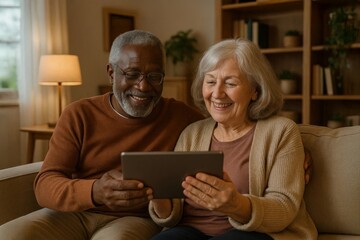 Happy senior couple sitting together on sofa, smiling while looking at tablet screen.