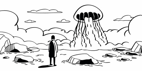 Obraz premium A lone figure gazes at a colossal jellyfish hovering above the sea amidst a rocky and cloudy landscape on transparent background