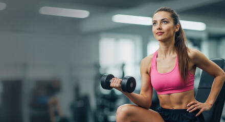 Woman in pink sports bra holding dumbbell with confident smile at modern gym facility. Strength training motivation and fitness success for gym equipment advertising and membership campaign promotions