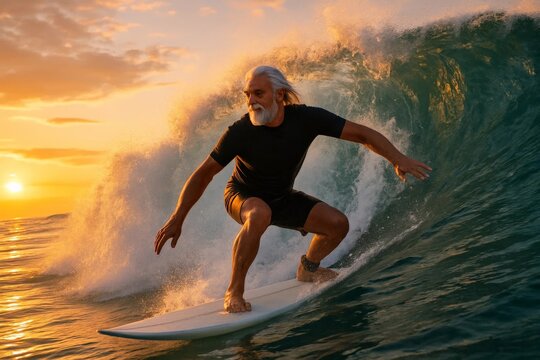 Senior man surfing on ocean wave at sunset, showing active lifestyle and adventure.