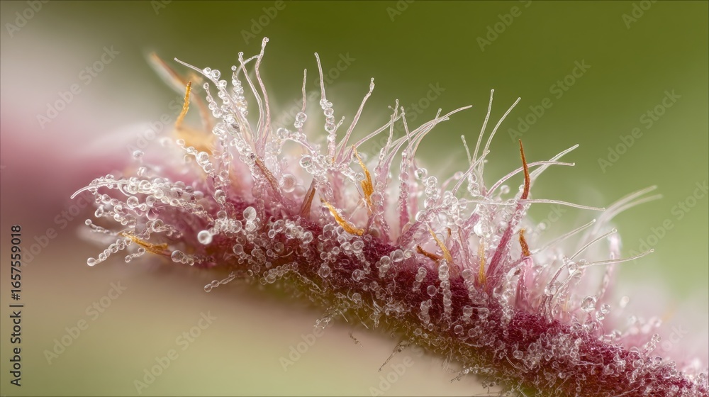 Poster close-up view of red raspberry skin showcasing tiny hairs and droplets in detailed focus