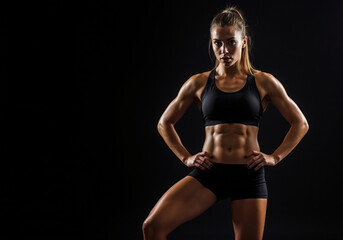 Fototapeta premium Woman with defined abs in powerful stance pose on black background. Athletic body confidence content for fitness center promotional banners