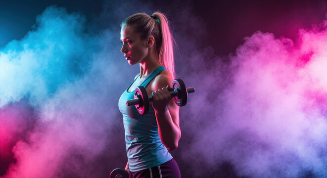 Woman in turquoise top holding dumbbell with dramatic colorful smoke effects background. Dynamic fitness training and athletic performance for high-energy gym promotions