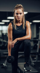 Fototapeta premium Woman sitting with dumbbell during rest break in modern gym training session. Athletic recovery moment content for sports facility promotional campaigns