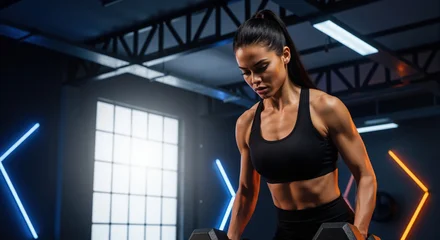 Acrylglasbilder Fitness Woman with defined abs exercising in futuristic gym with neon lighting effects. Modern fitness technology content for contemporary sports center promotional campaigns  © Vasiliy