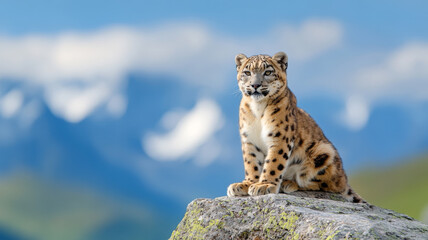 Fototapeta premium Snow leopard perched on rocky ledge, showcasing its beautiful fur and majestic presence