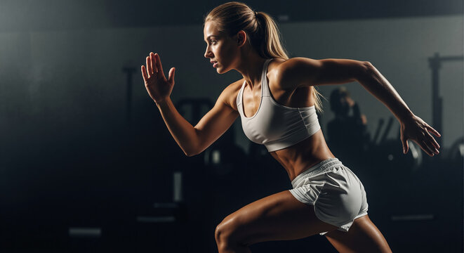 Woman running in dynamic motion during cardio workout session in gym facility. Athletic movement motivation content for fitness center promotional banners