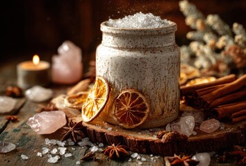 Decorative white frosted cake with dried citrus slices and cinnamon sticks on rustic wooden