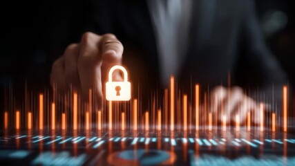 A businessman in a suit interacts with a digital interface displaying a padlock icon and sound wave graphics, symbolizing cybersecurity and data protection in a modern office setting - Powered by Adobe