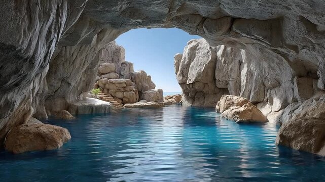 Coastal Cave Retreat: An evocative perspective showcasing a naturally carved sea cave, the cool, shaded interior contrasted with the bright open water.