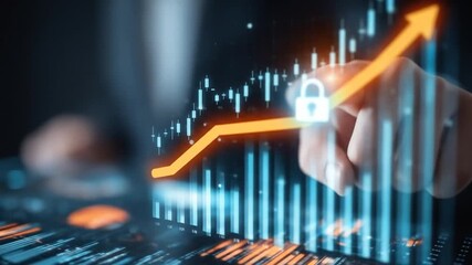 A business professional analyzes digital financial data on a touchscreen interface, showcasing a secure upward trend with a lock symbol, representing data protection in finance - Powered by Adobe