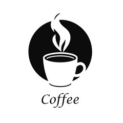 Hot coffee cup logo design, steaming drink icon, cafe beverage illustration, morning espresso symbol, black and white artwork