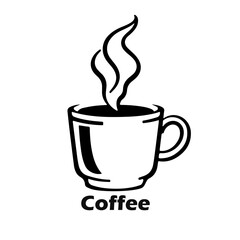 Hot coffee cup logo design, steaming drink icon, cafe beverage illustration, morning espresso symbol, black and white artwork