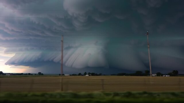 Dramatic Supercell Storm Over Open Plains with Rotating Wall Cloud