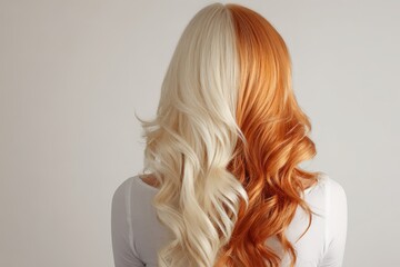 Naklejka premium A striking image showcasing vibrant, two-toned hair with blonde and auburn highlights, creating a beautiful contrast against a neutral backdrop.