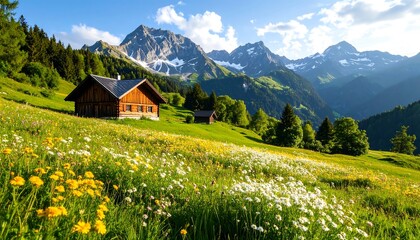 Idyllic Swiss Alps Chalet Nestled Amidst Vibrant Wildflower Meadows and Majestic Snow-Capped Peaks.