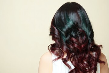 Obraz premium Wavy, colorful hair showcases a burgundy and teal ombre style against a neutral backdrop.