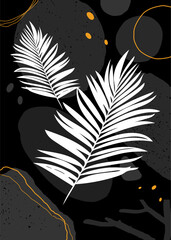Areca palm frond silhouette with modern abstract black and gold accents, perfect tropical background for posters, invitations, cards, and branding. Ideal for prints, packaging, and decor.