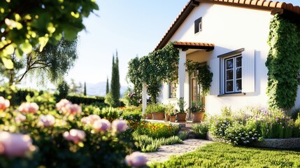 Charming garden landscape surrounding a cozy house during a sunny day in a peaceful countryside setting