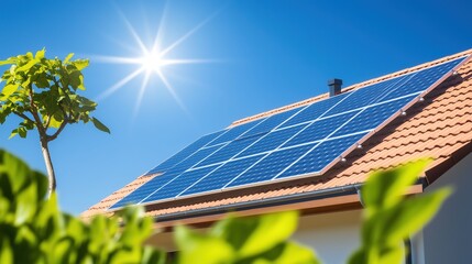 Solar panels installed on a residential roof under a clear blue sky with bright sunlight